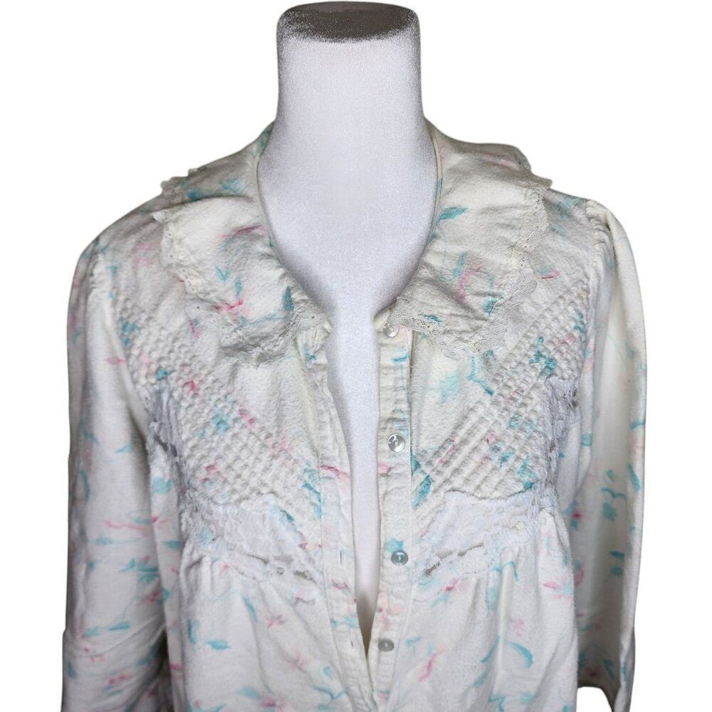 Vintage 80s Prairie Flannel Nightgown Womens Size L White Floral
